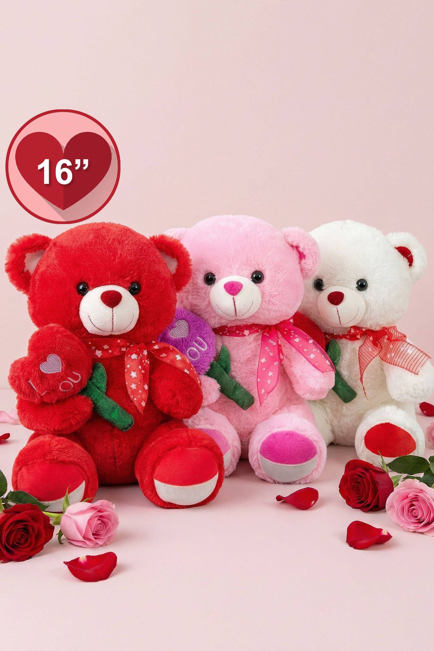 Luxe Heart Rose Teddy Bear - 16 Inch