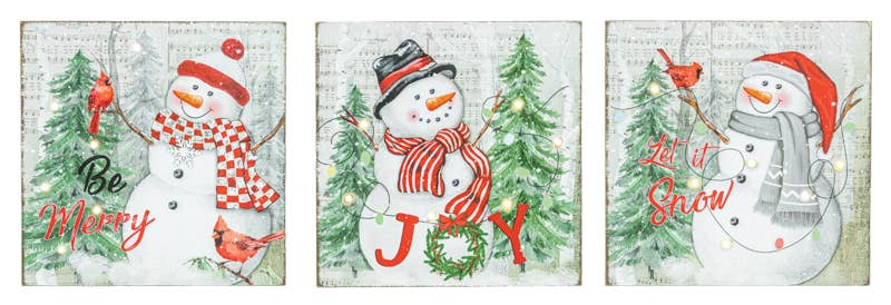 JOY SNOWMAN CARDINAL LIGHT UP SIGN 3 ASSORTED
