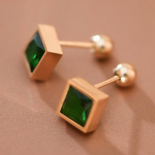 18K Gold Plated Stainless Steel Green Crystal Studs - 7998