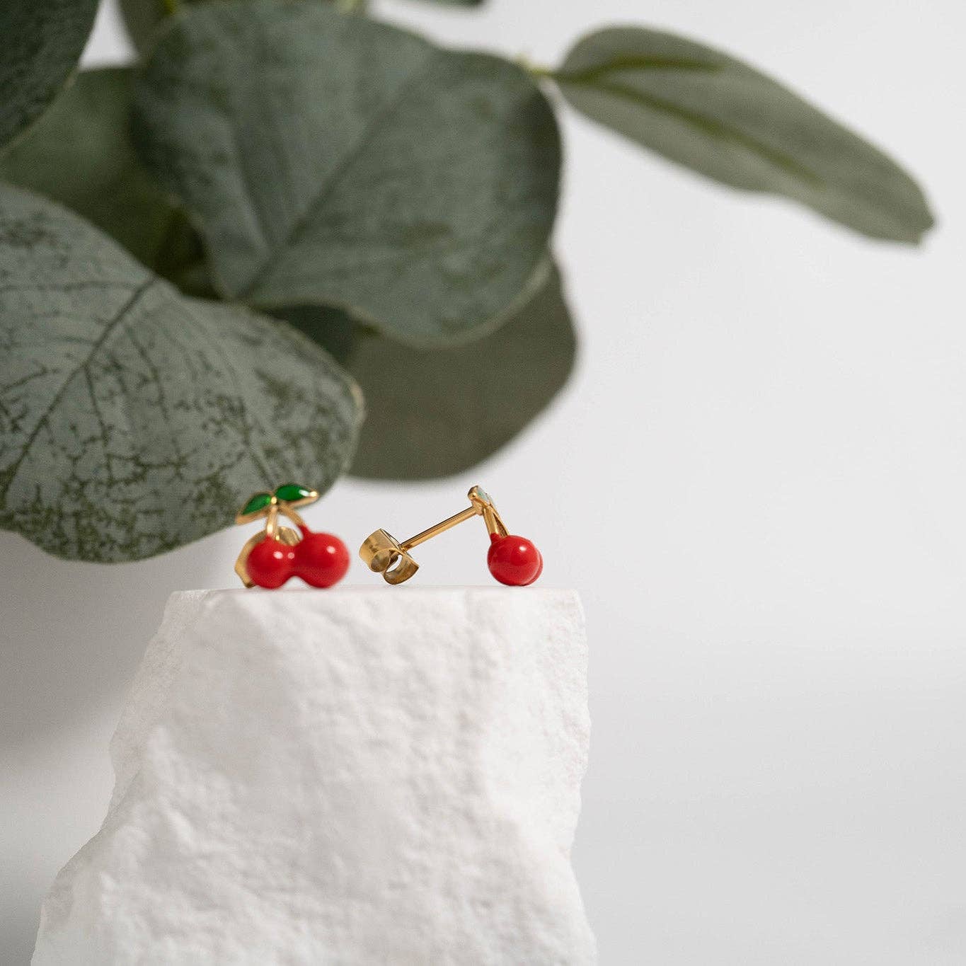 18K Gold PVD Stainless Steel Red Cherry Stud Earrings