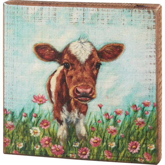 Calf In Flowers Block Sign