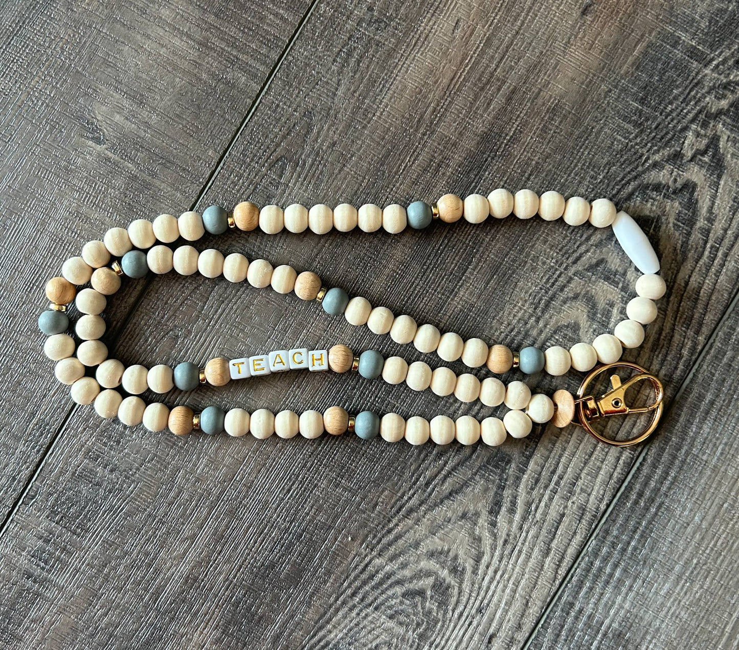 Teach Grey and Wood Beaded Lanyard with Breakaway Clasp