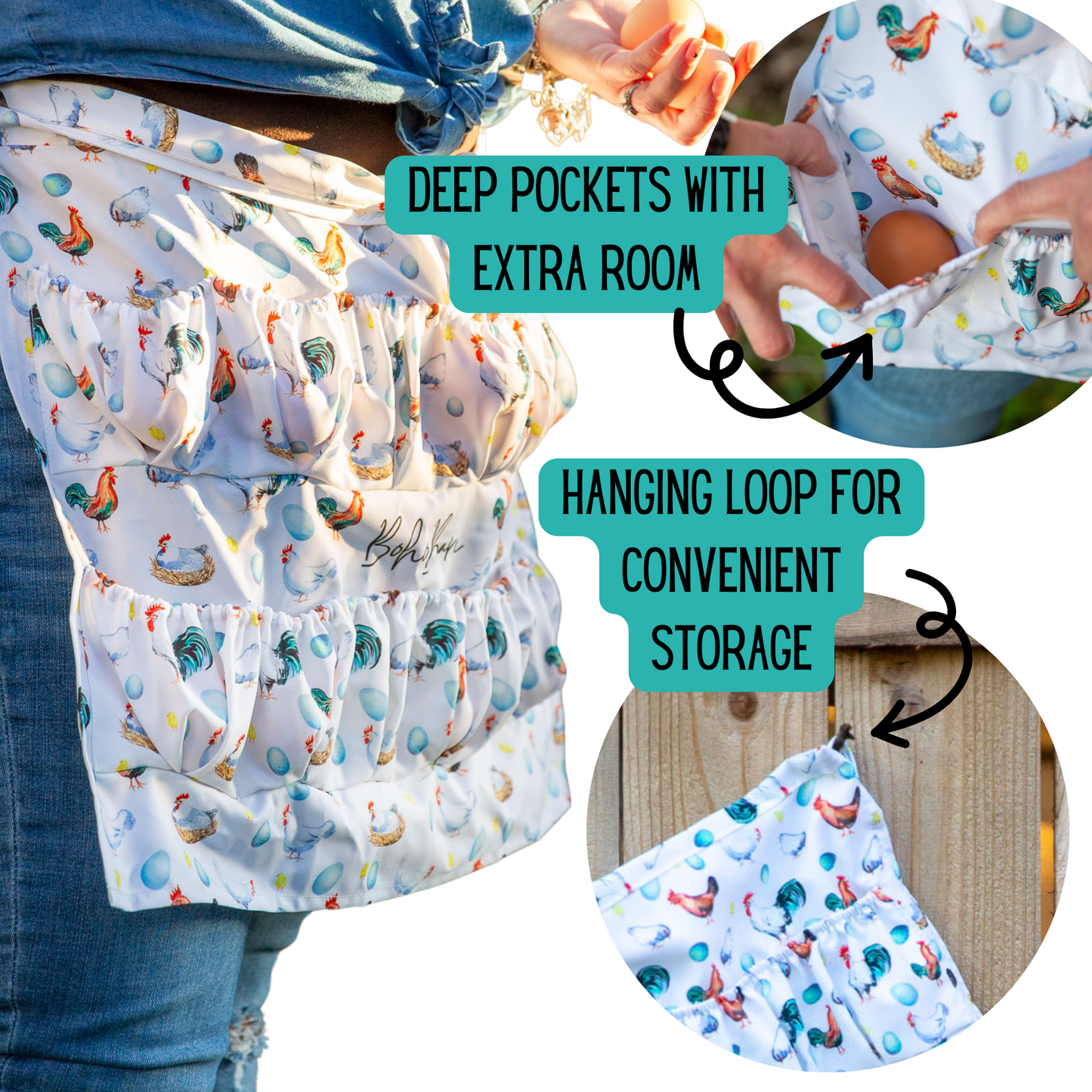 Egg collecting apron with elastic pockets