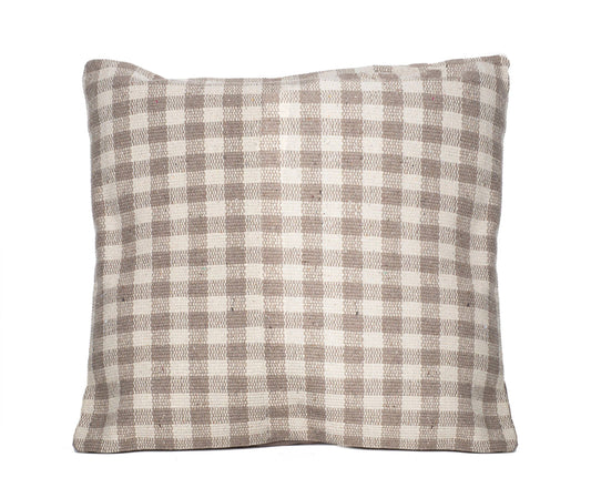Recycled Woven Cotton Square Pillow, Checkered - Beige