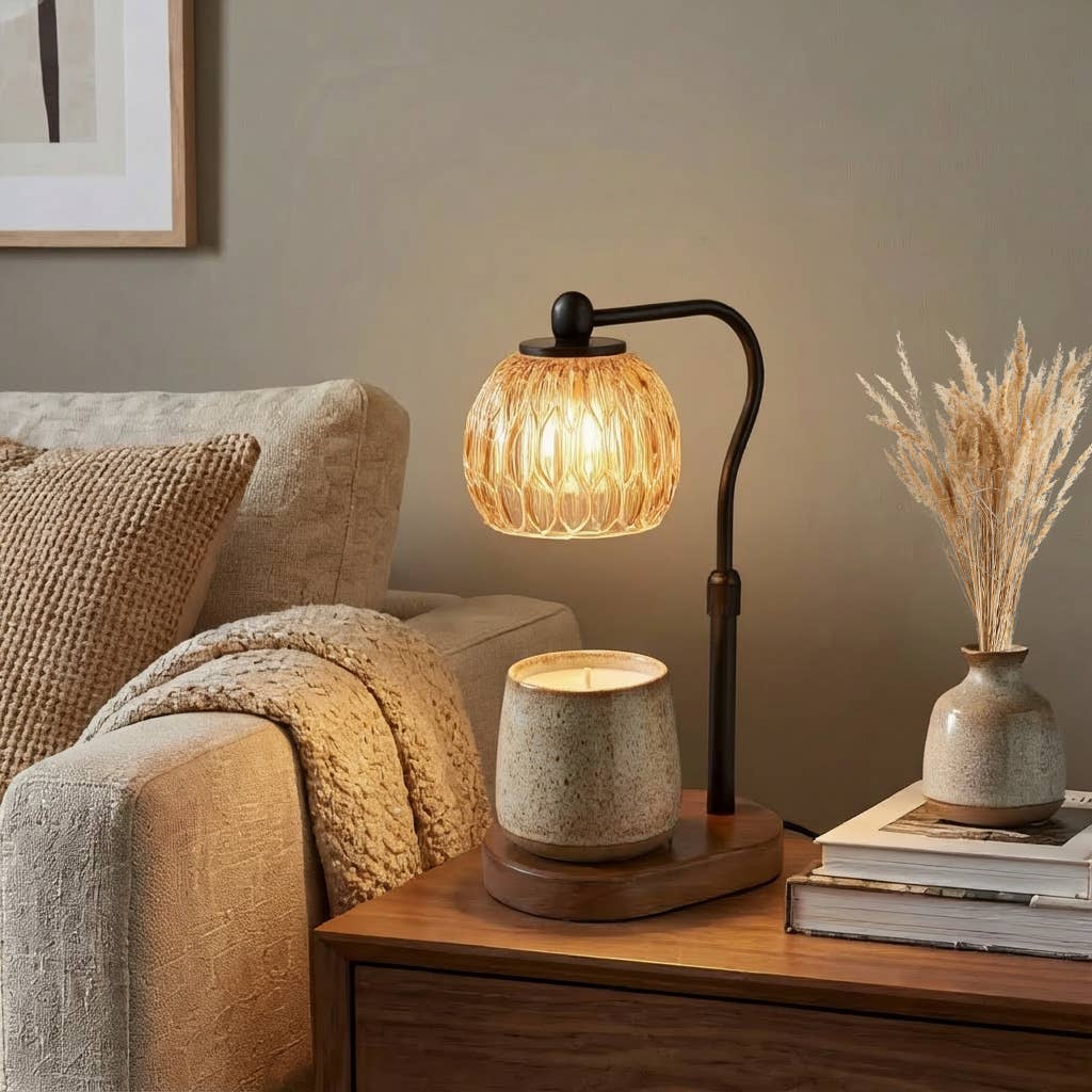 Candle Warmer Lamp - Crystal Glass & Wood Base - Black