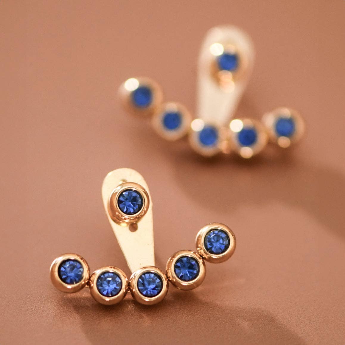18K Gold Plated Stainless Steel Blue Crystal Ear Jacket Studs – 7988