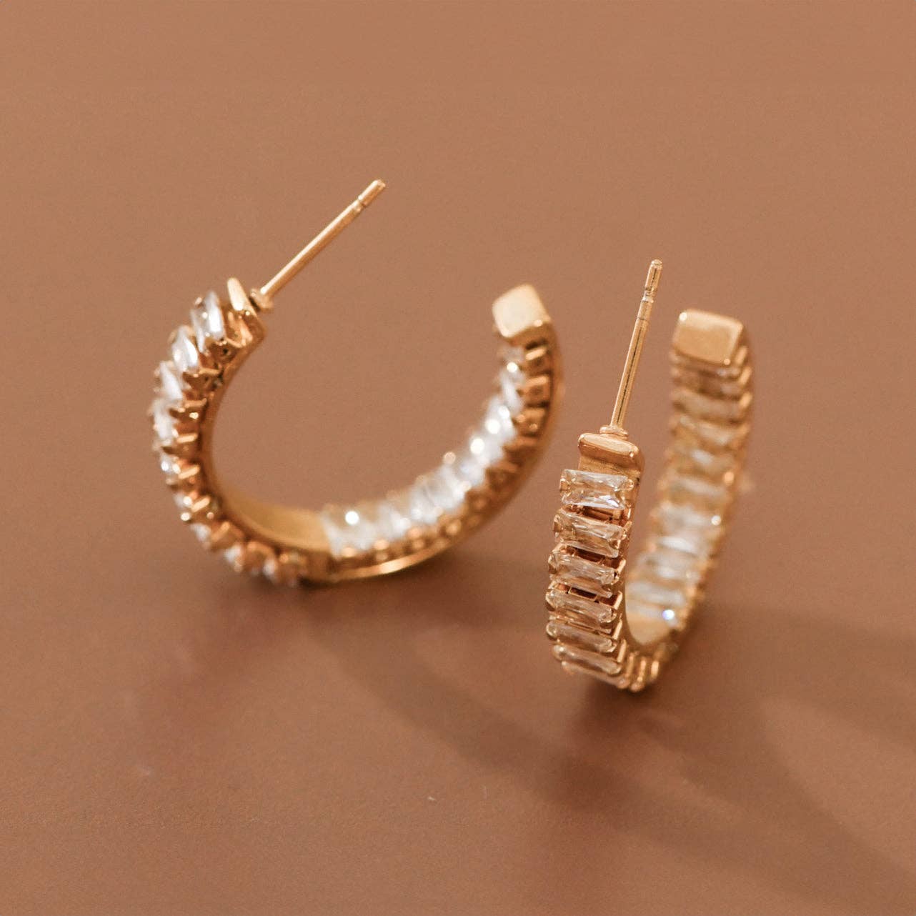 18K Gold Plated Stainless Steel Rhinestone Hoop Earrings - 7983