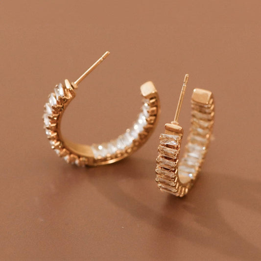 18K Gold Plated Stainless Steel Rhinestone Hoop Earrings - 7983
