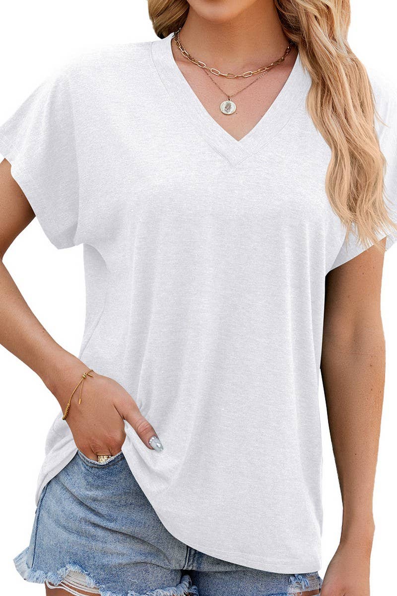 V NECK SOLID COLOR CASUAL SHORT SLEEVE PULLOVER_CWTSTS0198
