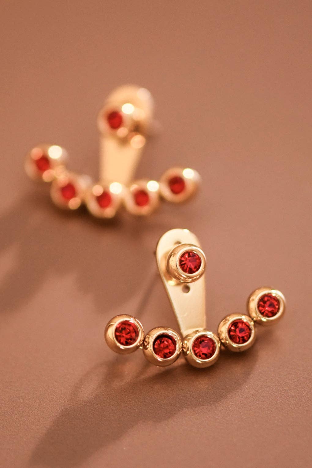 18K Gold Plated Stainless Steel Red Crystal Ear Jacket Studs – 7986