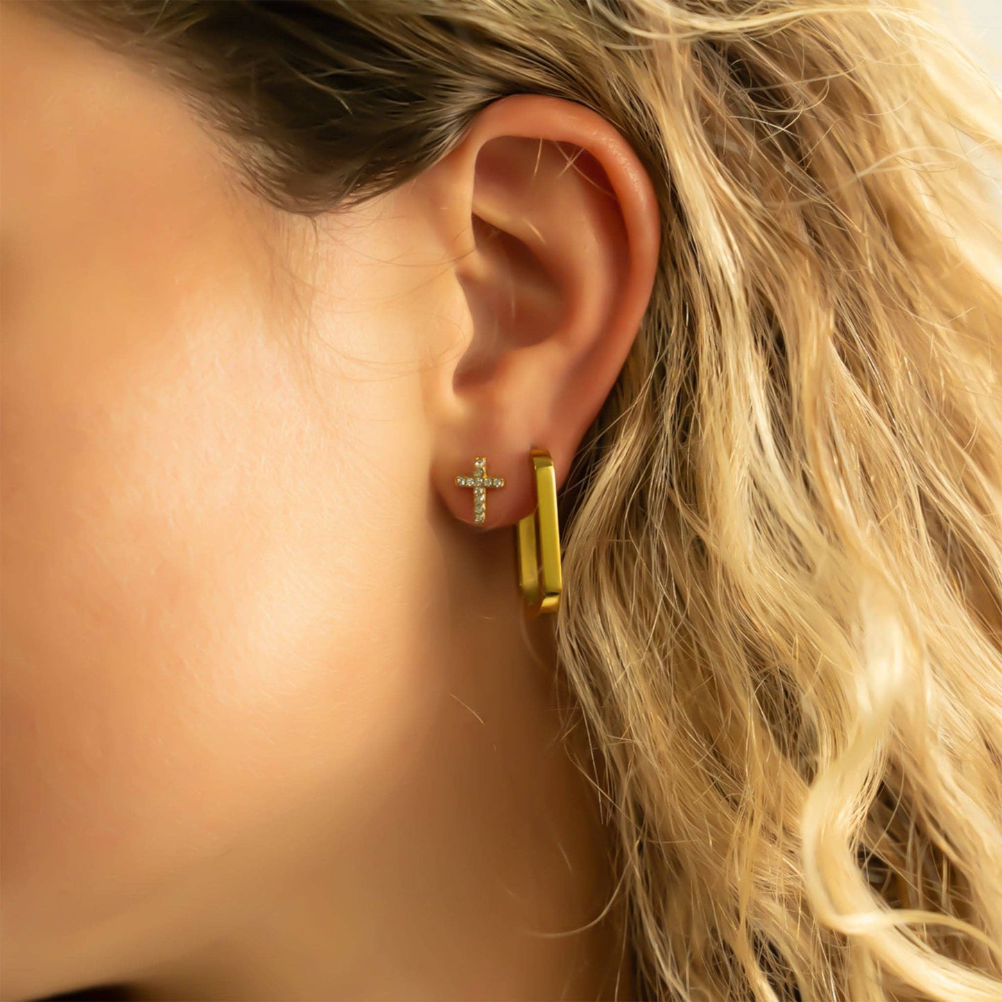 18K Gold PVD Stainless Steel Stone Cross Earrings