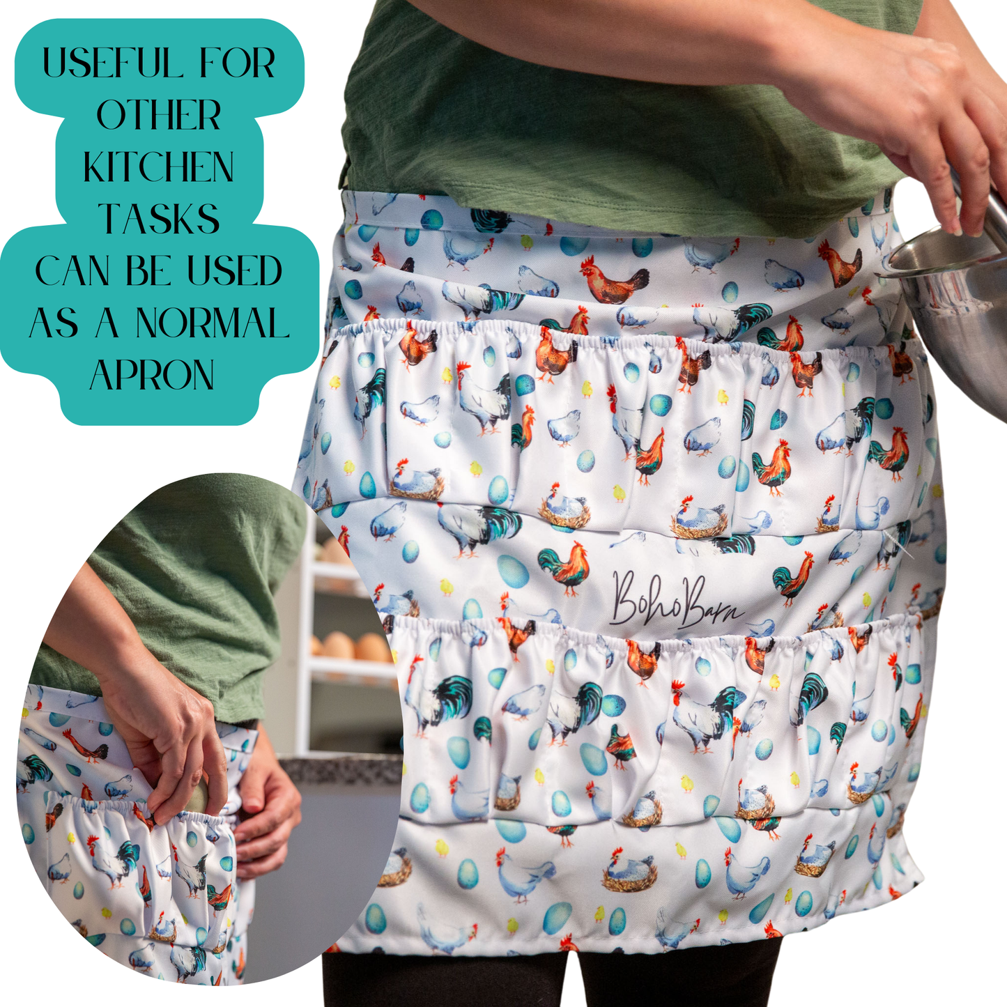 Egg collecting apron with elastic pockets