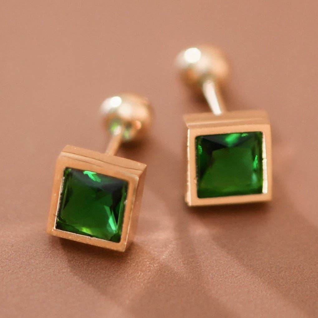 18K Gold Plated Stainless Steel Green Crystal Studs - 7998