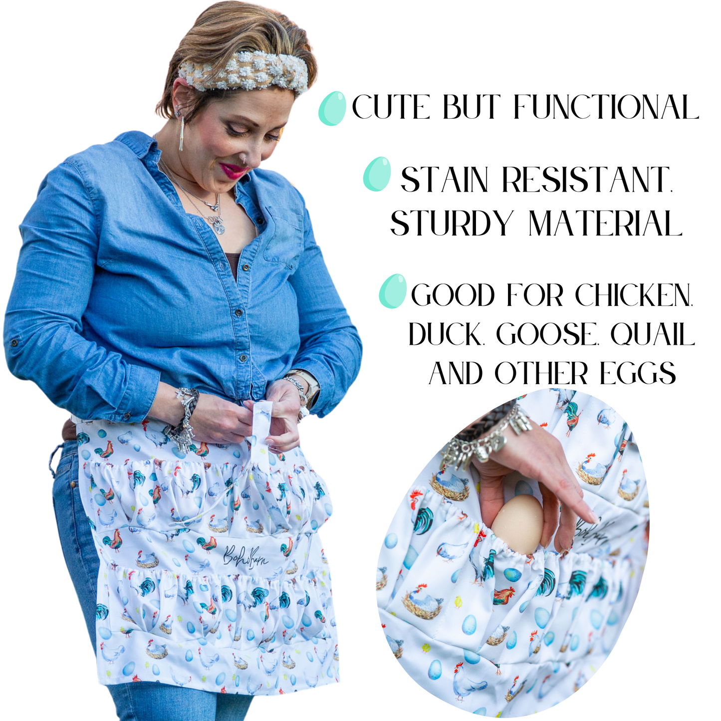 Egg collecting apron with elastic pockets