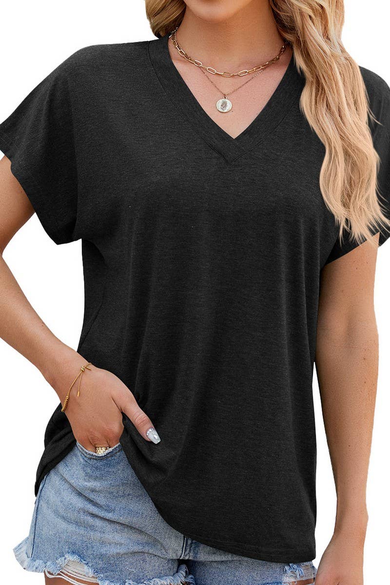 V NECK SOLID COLOR CASUAL SHORT SLEEVE PULLOVER_CWTSTS0198