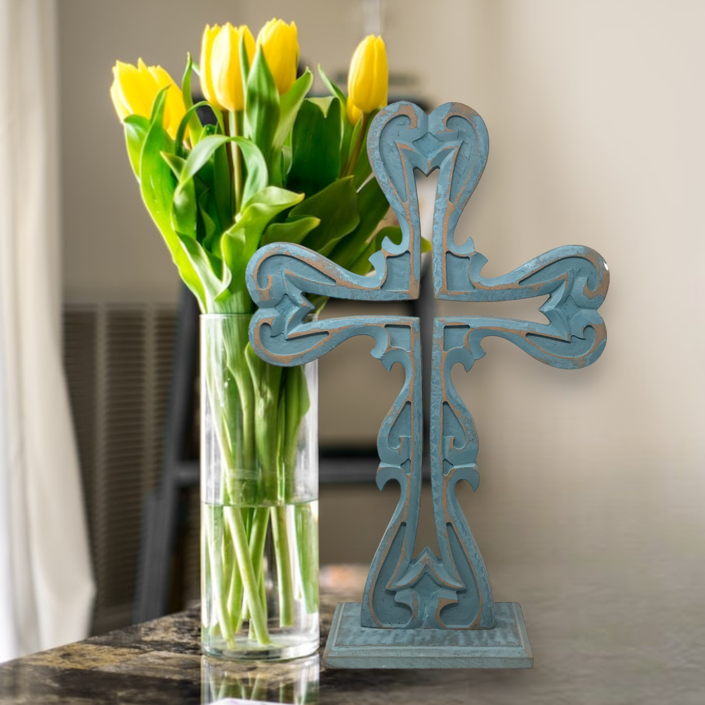 Double Sided Carved Wood Noe Table Cross