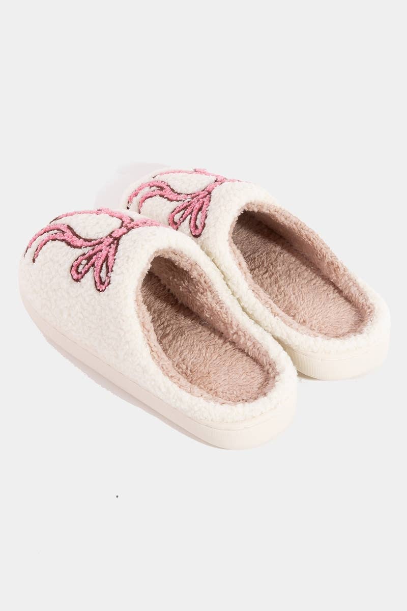 Fuzzy Pink Ribbon Bow Slippers