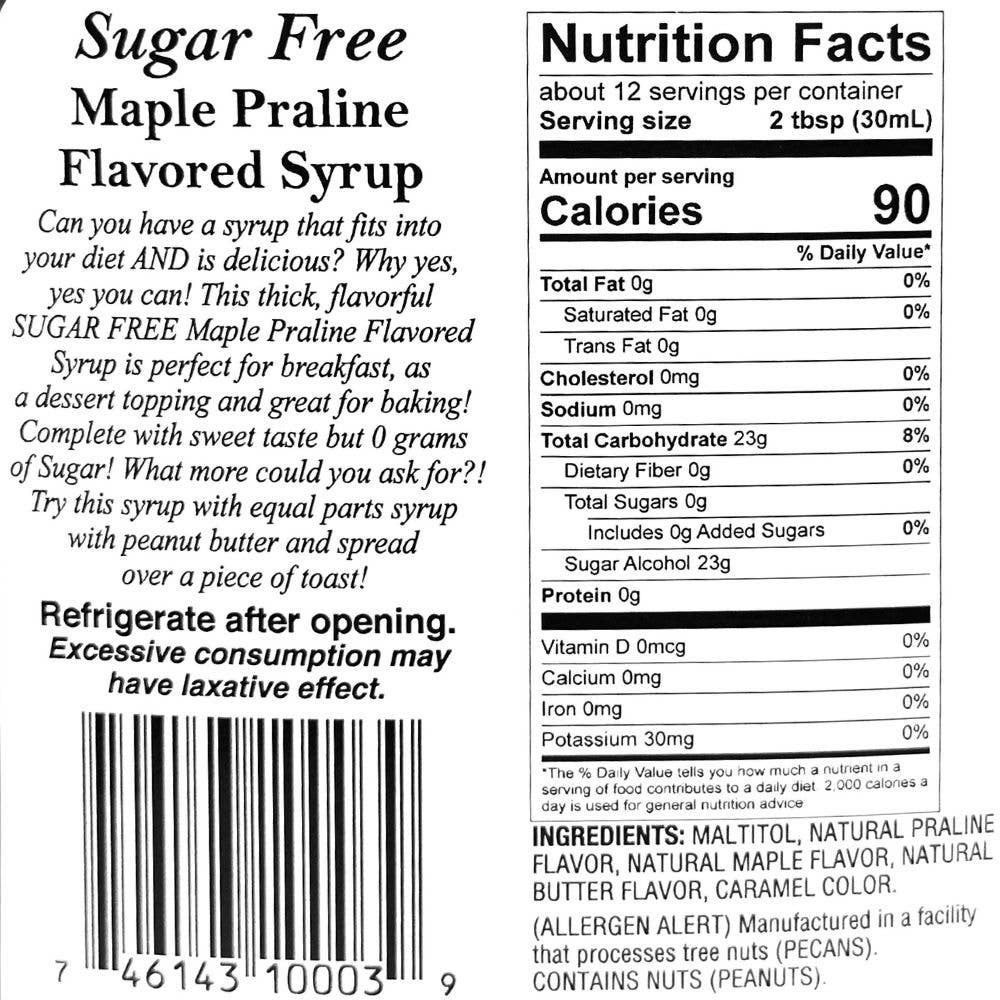 Sugar-Free Maple Praline Syrup, 12 Fl. oz. Glass Bottle