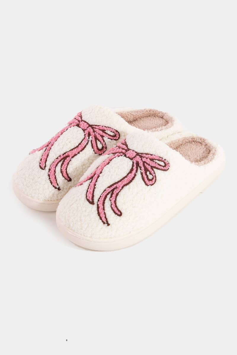 Fuzzy Pink Ribbon Bow Slippers
