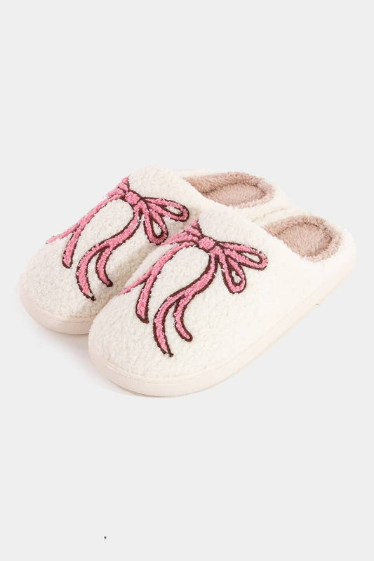 Fuzzy Pink Ribbon Bow Slippers