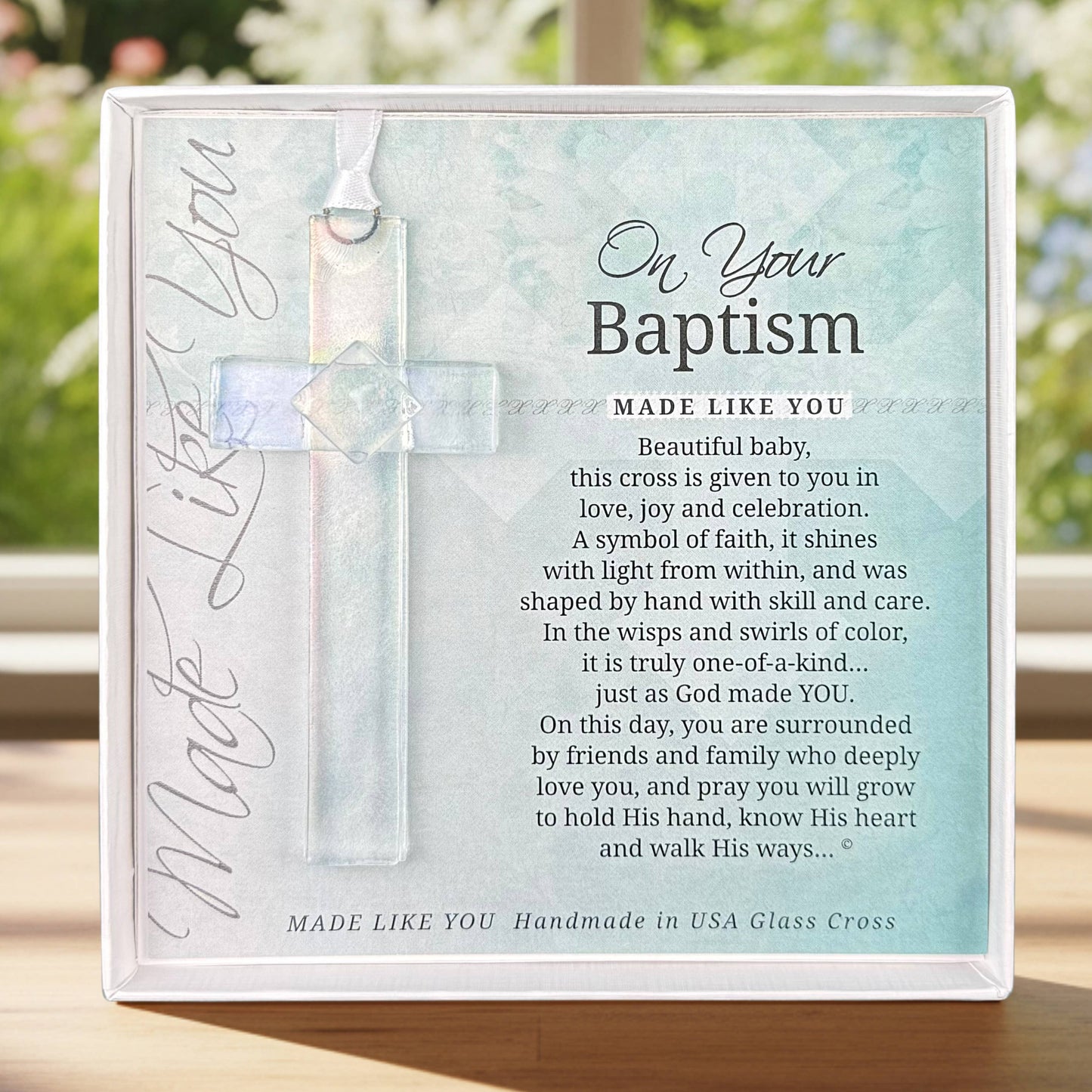 Baby Baptism Gift USA Handmade Iridescent Glass Cross 4402CL