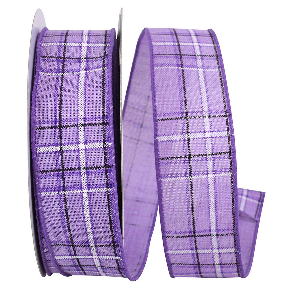 Pinstripe Plaid Linen Wired Edge, Purple, 1-1/2 In, 20 Yards