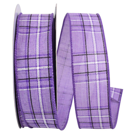 Pinstripe Plaid Linen Wired Edge, Purple, 1-1/2 In, 20 Yards