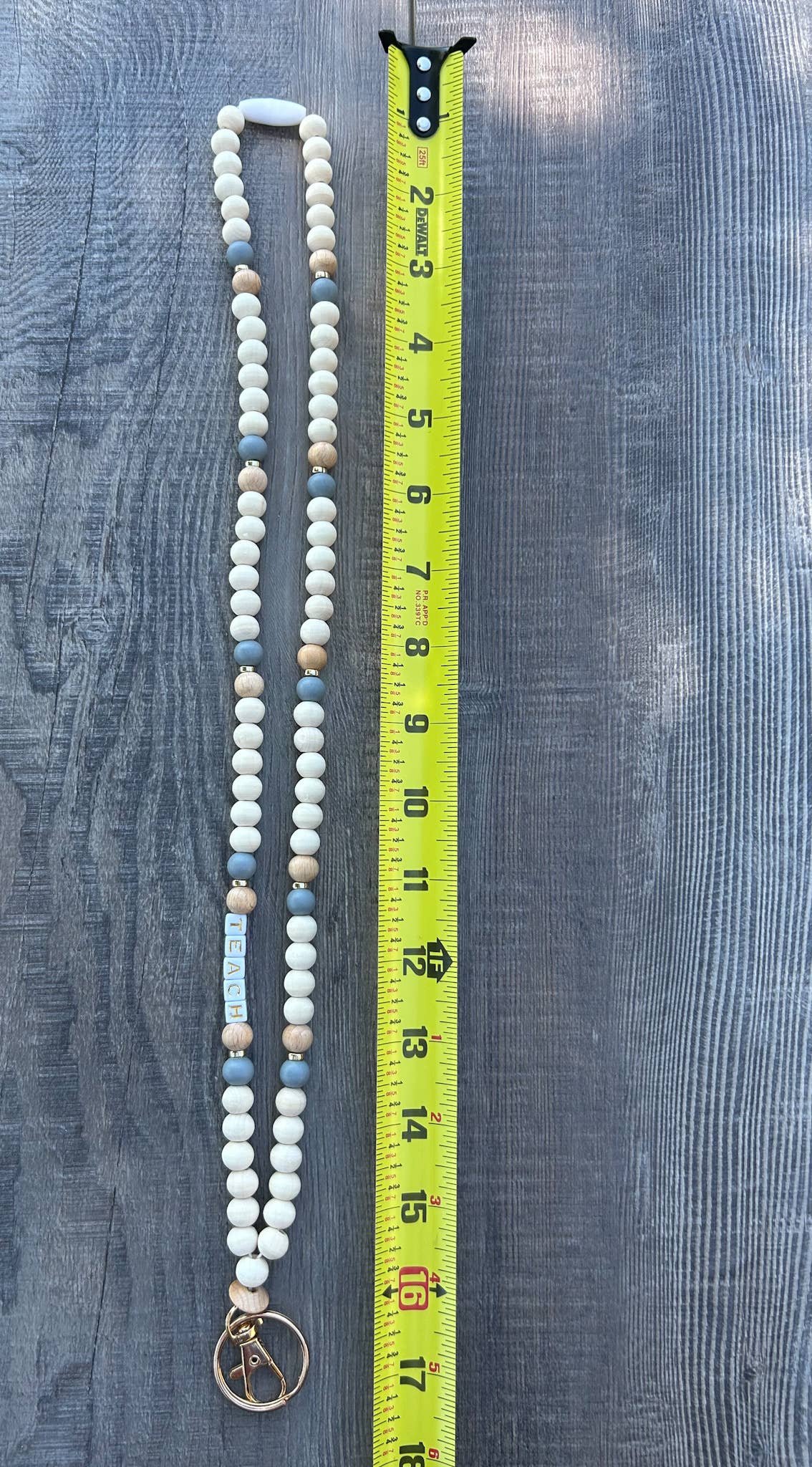 Teach Grey and Wood Beaded Lanyard with Breakaway Clasp