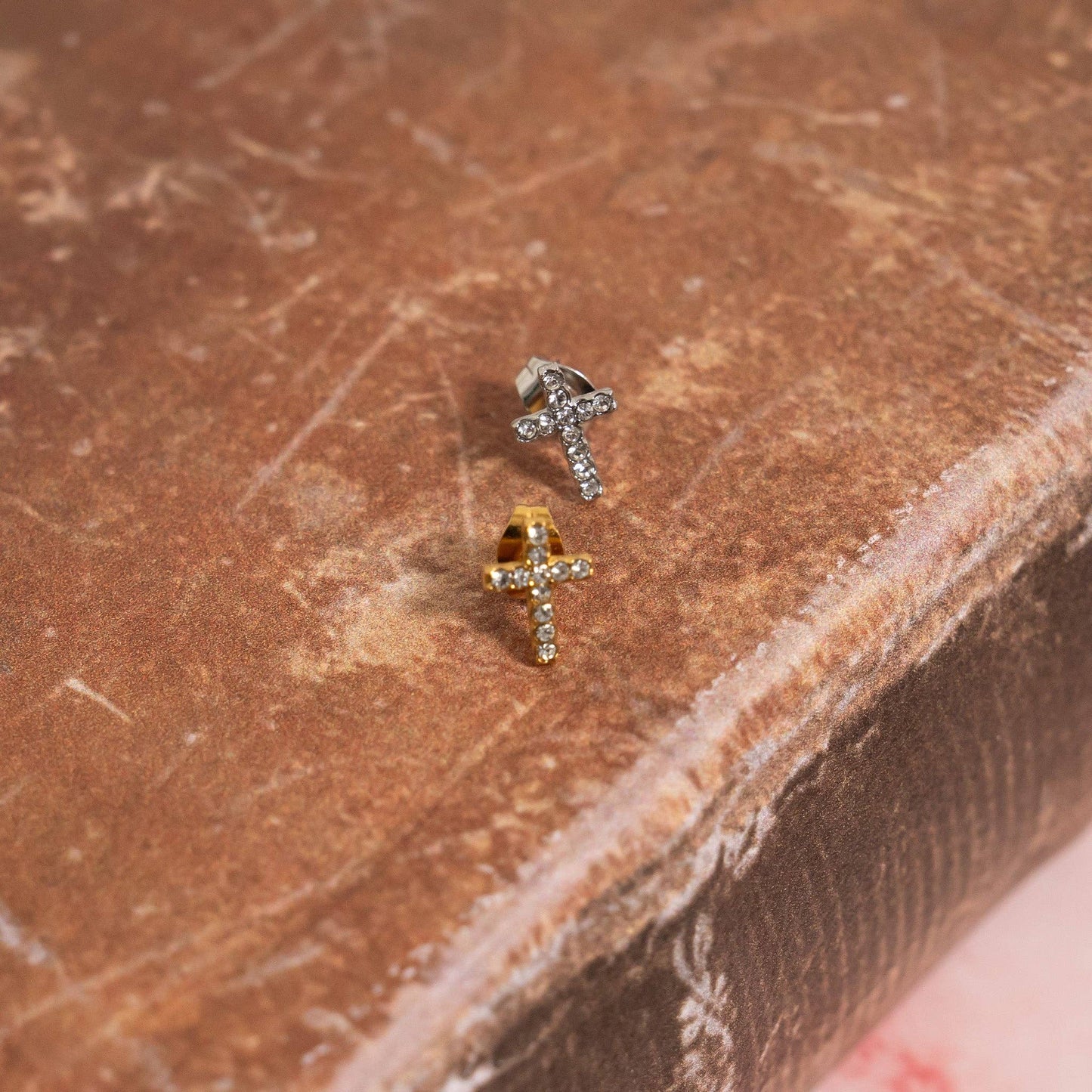 18K Gold PVD Stainless Steel Stone Cross Earrings