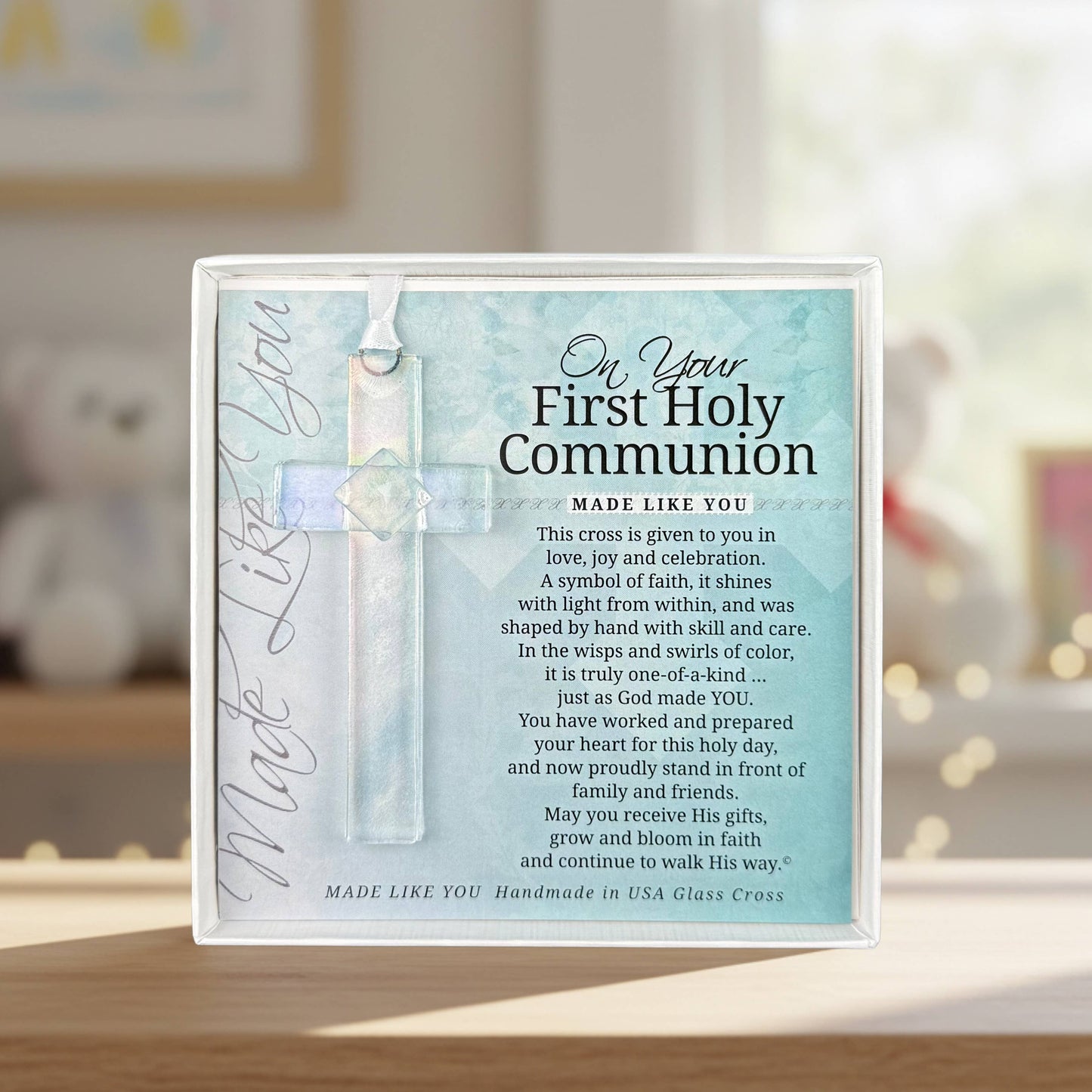 1st Holy Communion Gift: USA Iridescent Glass Cross 4404CL
