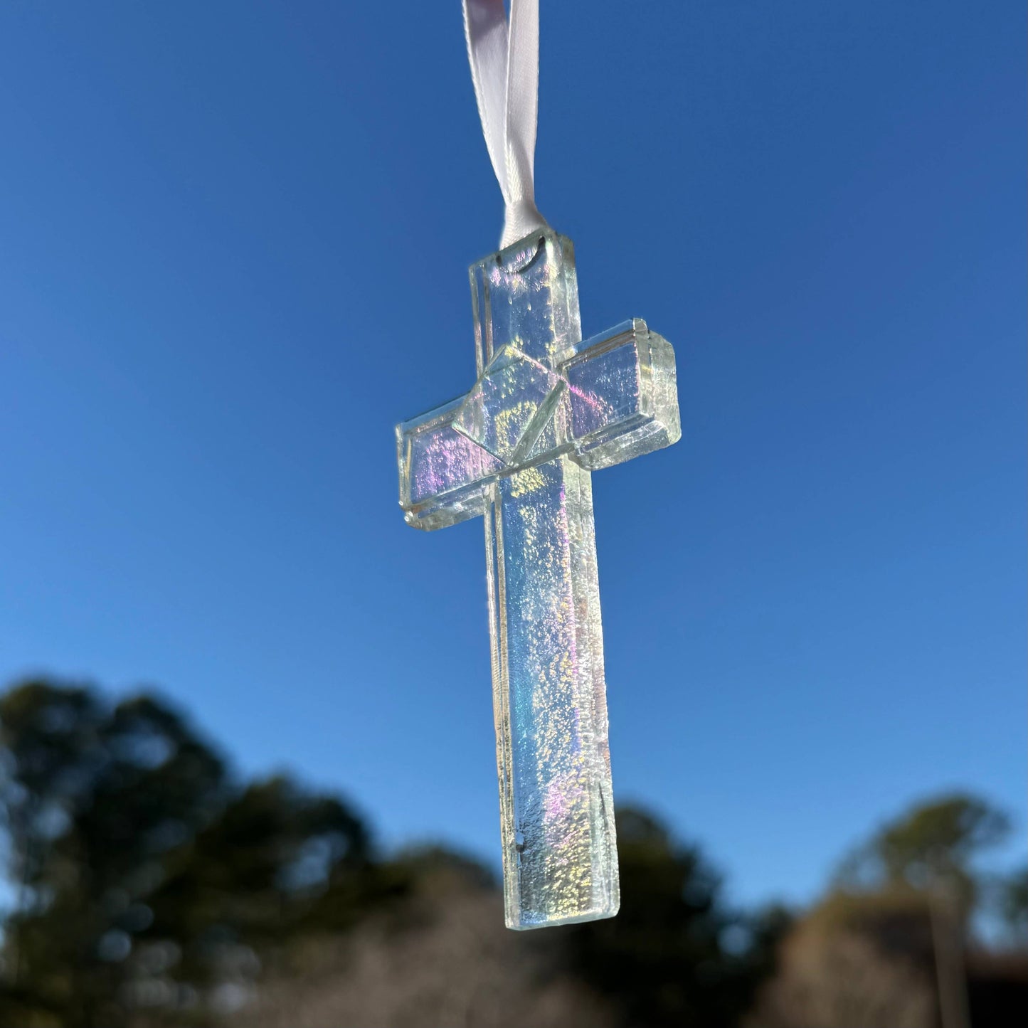 Baby Baptism Gift USA Handmade Iridescent Glass Cross 4402CL