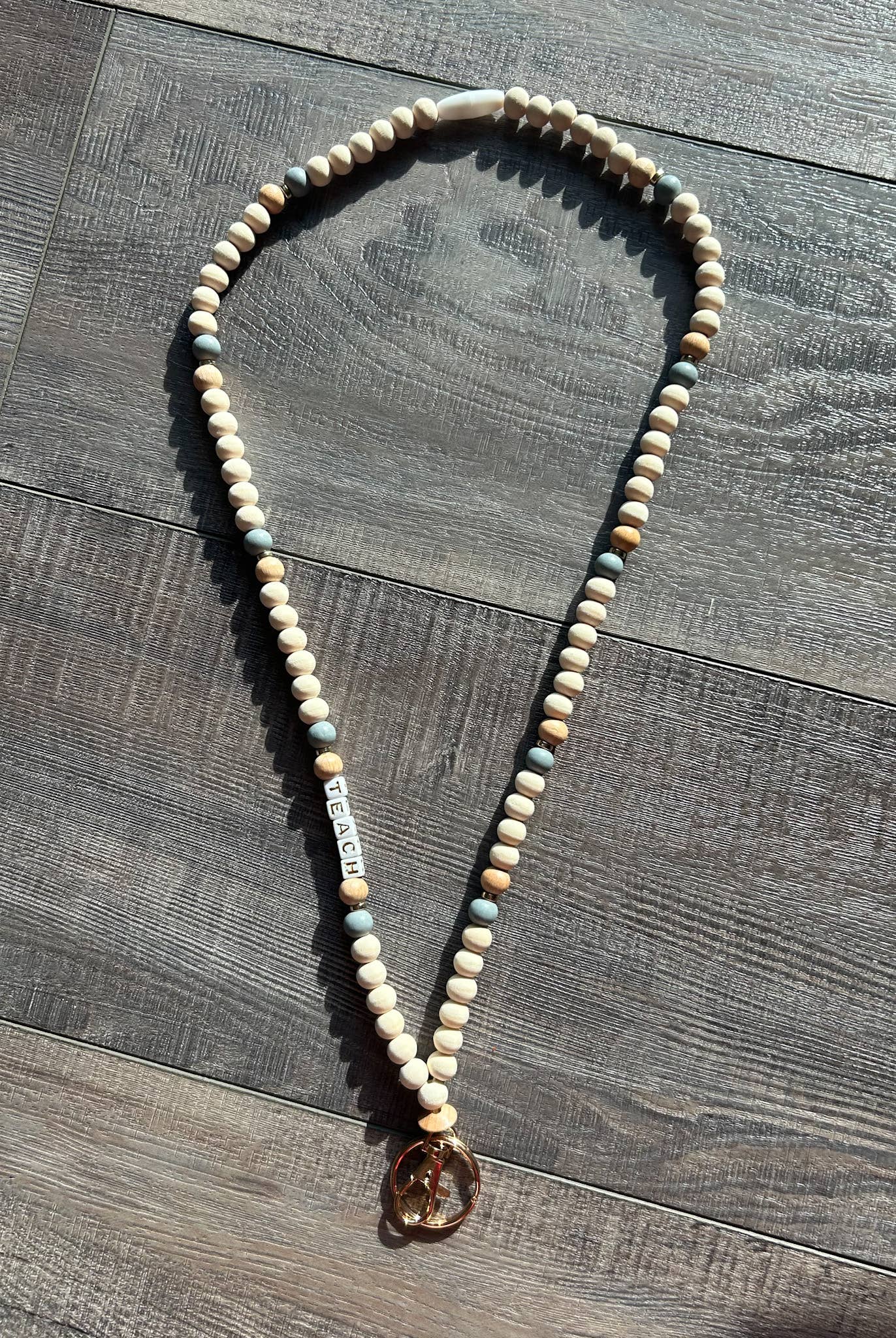 Teach Grey and Wood Beaded Lanyard with Breakaway Clasp