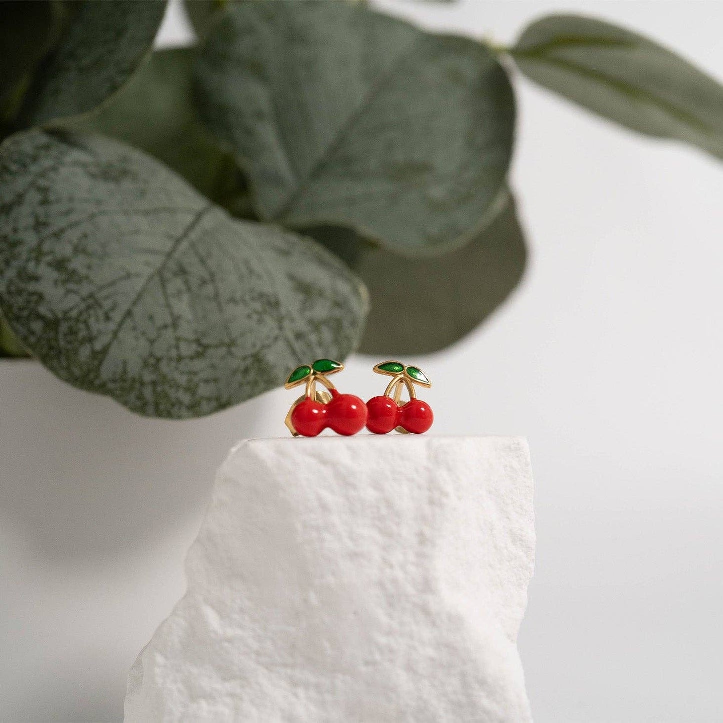 18K Gold PVD Stainless Steel Red Cherry Stud Earrings