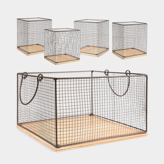 Farmhouse Chicken Wire & Wood Basket Set of 5