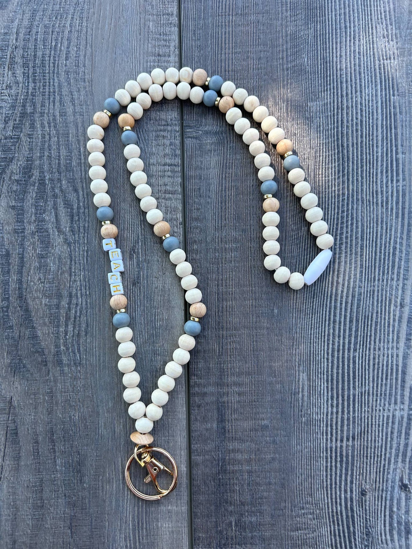 Teach Grey and Wood Beaded Lanyard with Breakaway Clasp
