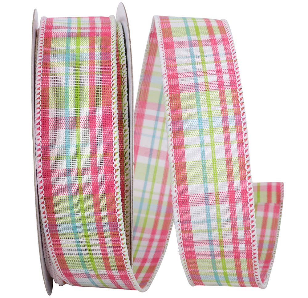 Bright Plaid Linen Wired Edge, Watermelon, 1-1/2 In