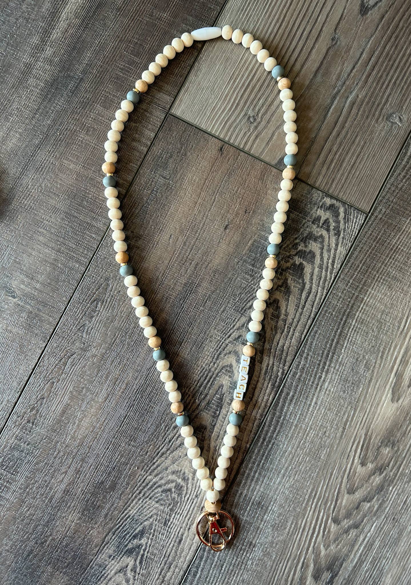 Teach Grey and Wood Beaded Lanyard with Breakaway Clasp