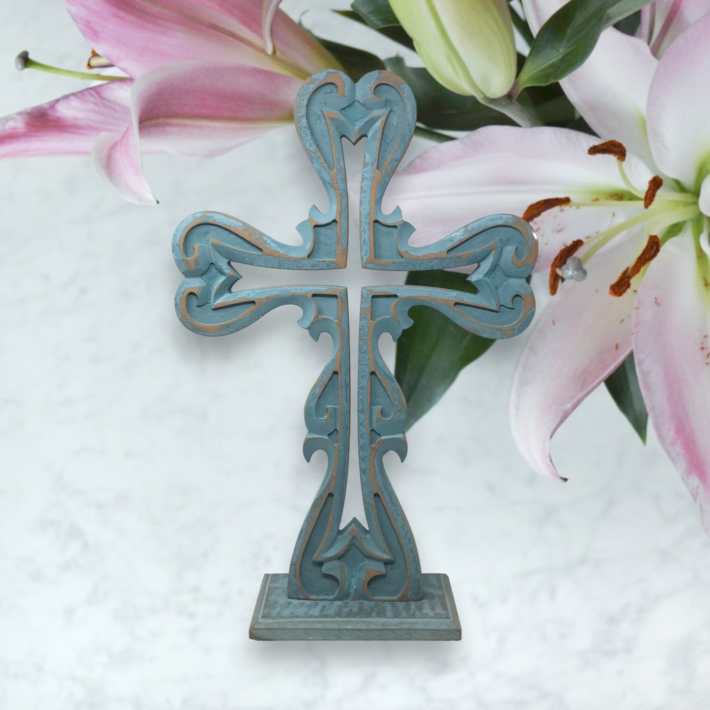 Double Sided Carved Wood Noe Table Cross