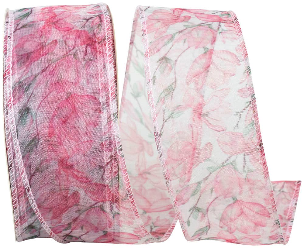 Floral Sheer Rosado Wired Edge, Pink, 1.5 In, 25 Yards