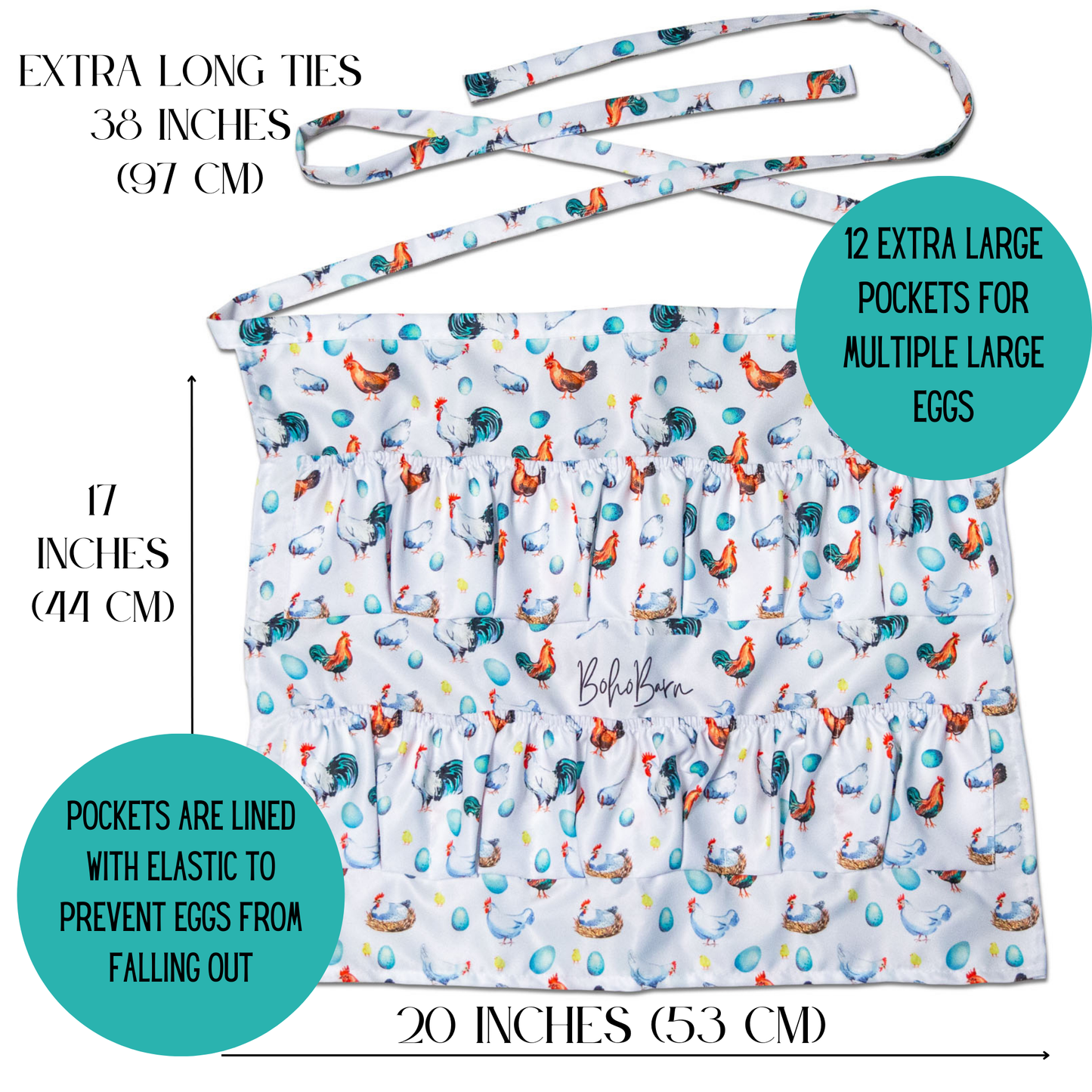 Egg collecting apron with elastic pockets