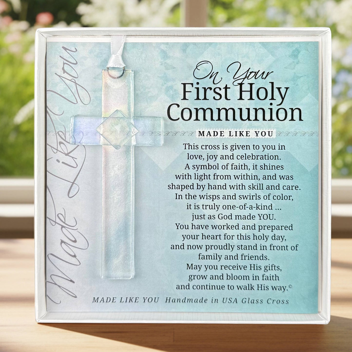 1st Holy Communion Gift: USA Iridescent Glass Cross 4404CL