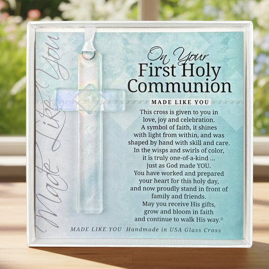 1st Holy Communion Gift: USA Iridescent Glass Cross 4404CL
